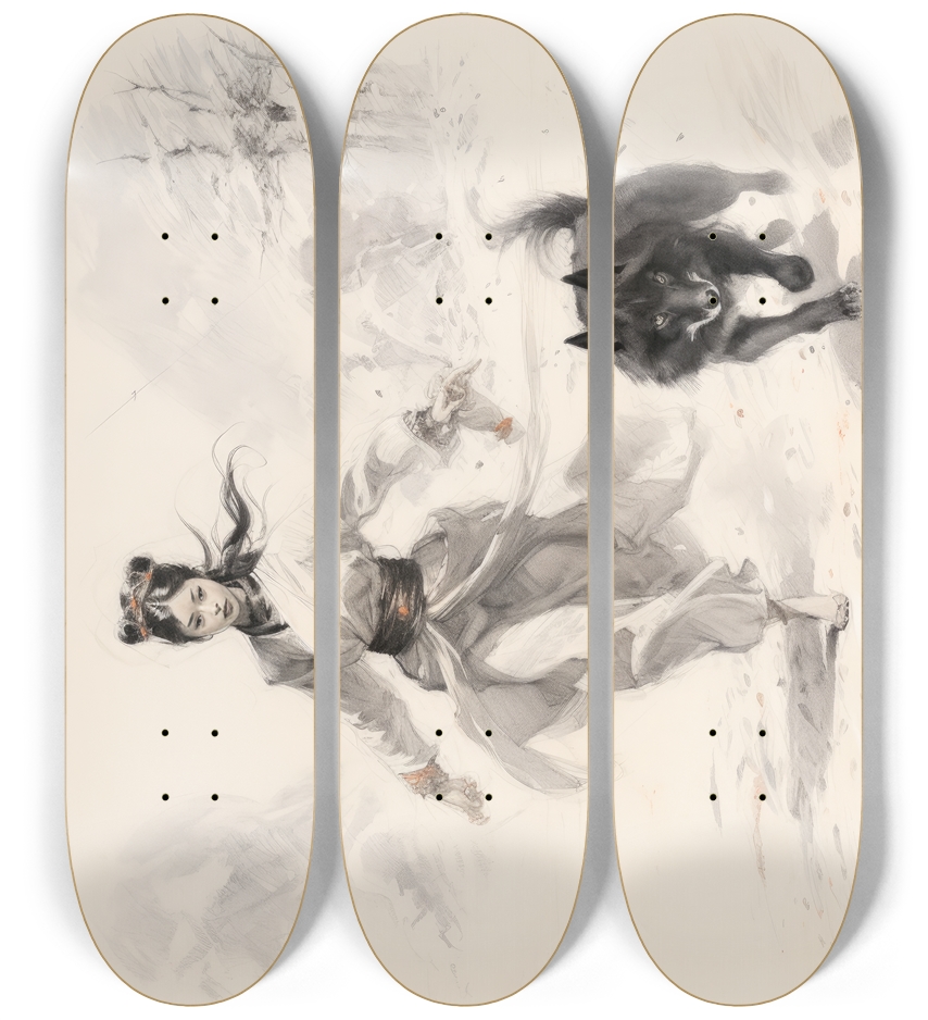 Japanese Warrior and Her Wolf 3 board Wall Art 3 Deck Wall Series
