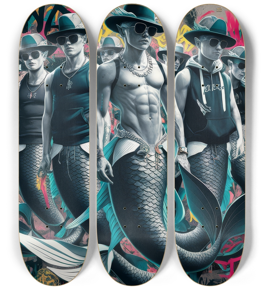 3 Skateboard Series Art - Macho Mermen 3 Deck Wall Series