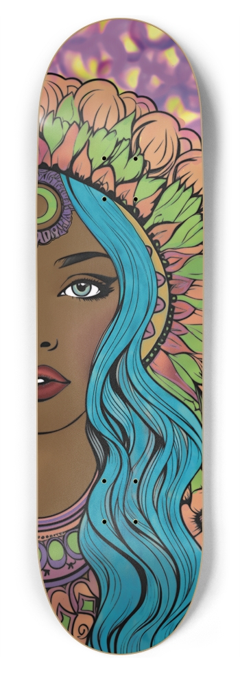 Serene Blue-Haired Woman with Floral Headdress 8-3/4 Inch Skateboard