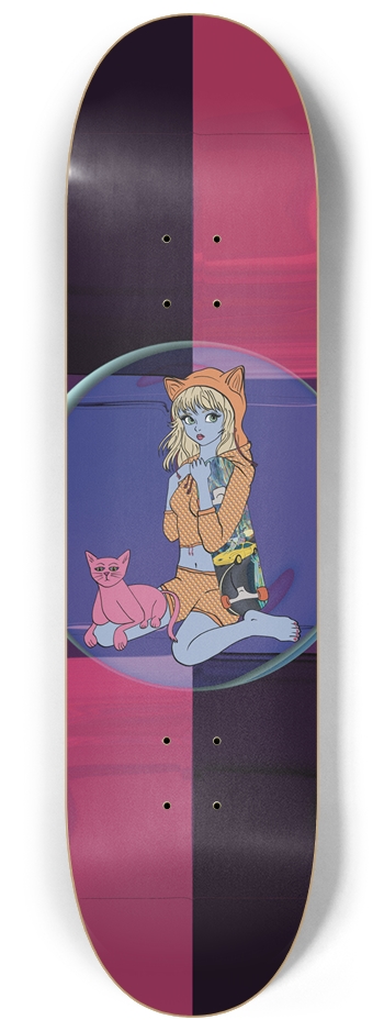 Neko Girl w/ her cat & board Pink & Purple Design 8-1/4 Skateboard Deck