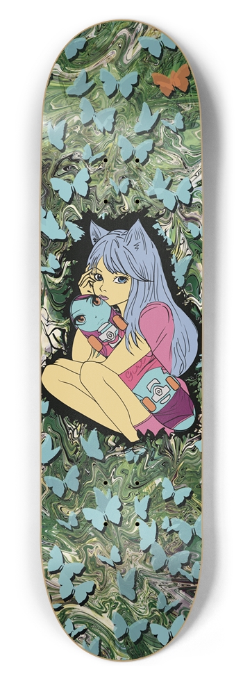 Neko Girl w/ Skateboard & Butterflies 7 Ply Maple 8-1/2 Skateboard Deck