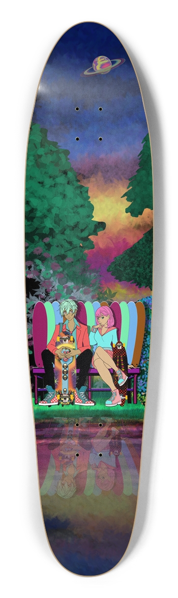 Vibrant Urban Lovers on Park Bench Longboard Shape