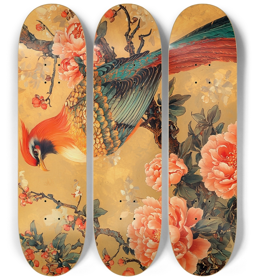 phoenix and peony flowers custom Skateboard Series 3 Deck Wall Series