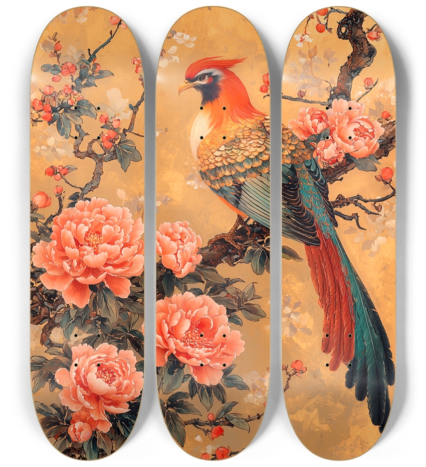 phoenix and peony flowers customSkateboard Series 3 Deck Wall Series