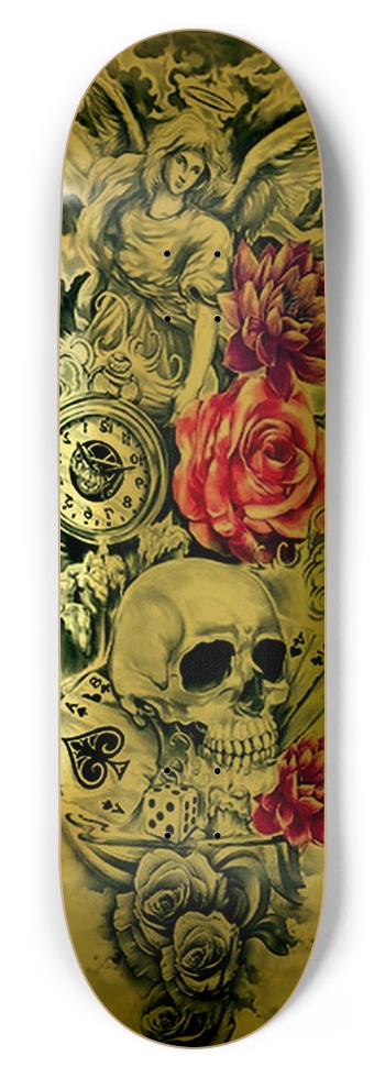 RONIN Angel Rose Flower Skull Cards Dice Clock Gold Deck 8-3/4 Inch Skateboard