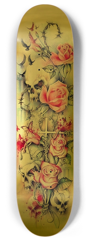 RONIN GOLD Flower Skull Bird Cross Butterfly 8 Inch Skateboard Deck