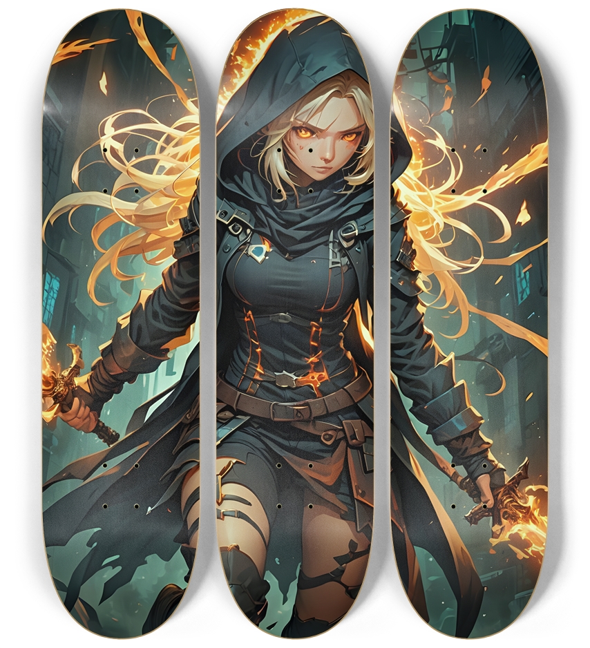 Fiery Hooded Blond Assassin 0002 3 Deck Wall Series