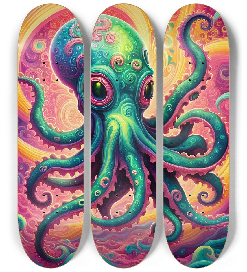 Neon Psychedelic Airbrush Fractal Octopus 0001 3 Deck Wall Series