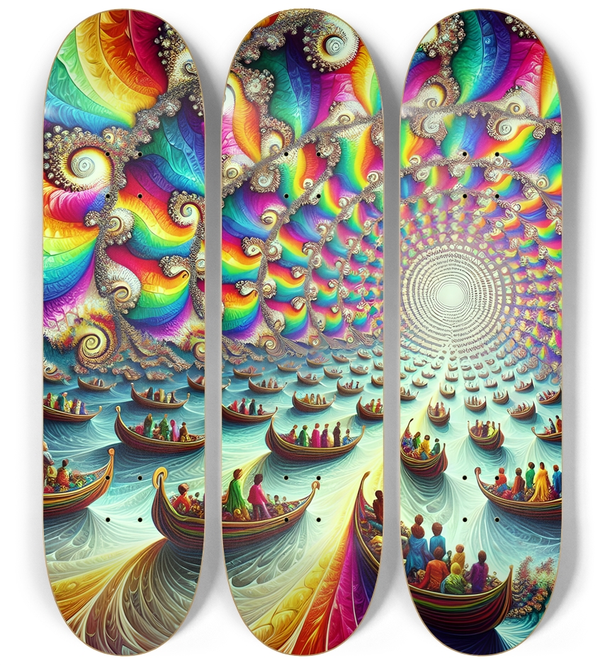 Psychedelic Stained-Glass Mandelbrot Fractal Colorful People on Boats 0001 3 Deck Wall Series
