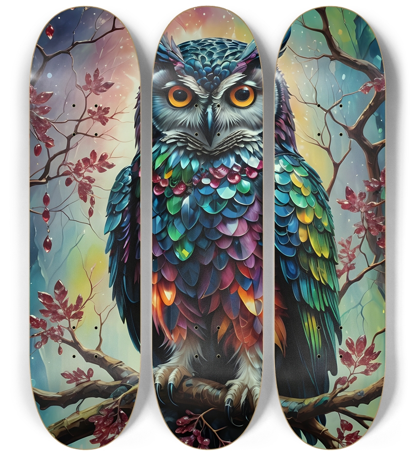 Psychedelic Bejeweled Owl 0002 3 Deck Wall Series