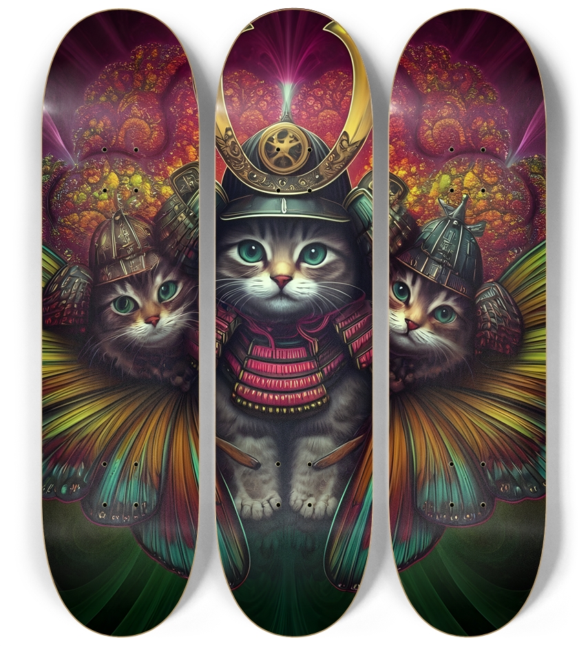Three Samurai Kittens on Fractal Background 0001 3 Deck Wall Series