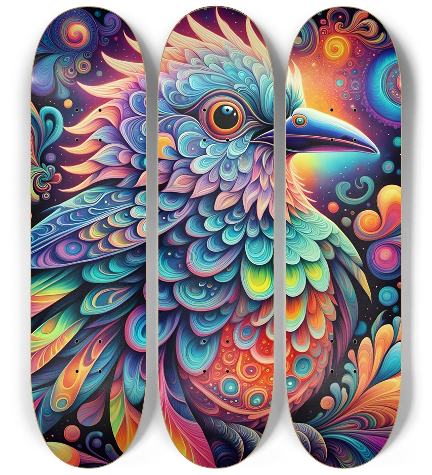 Psychedelic Airbrush Bird in Tree 0004 3 Deck Wall Series