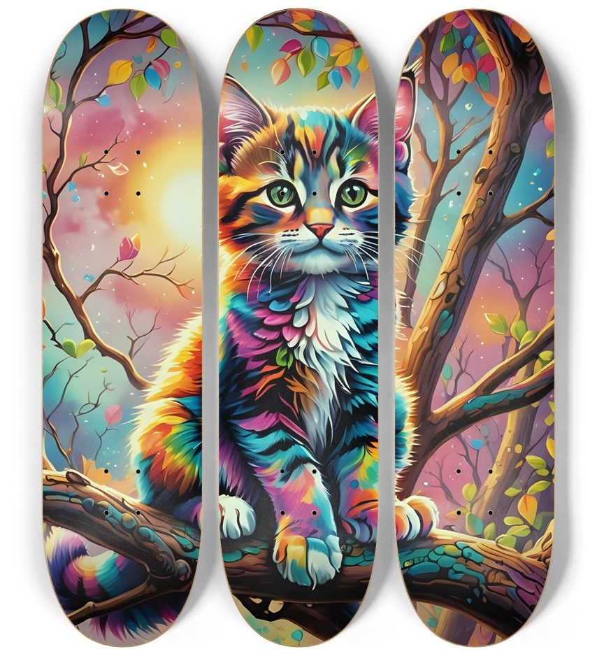 Psychedelic Airbrush Kitten in Tree 0002 3 Deck Wall Series