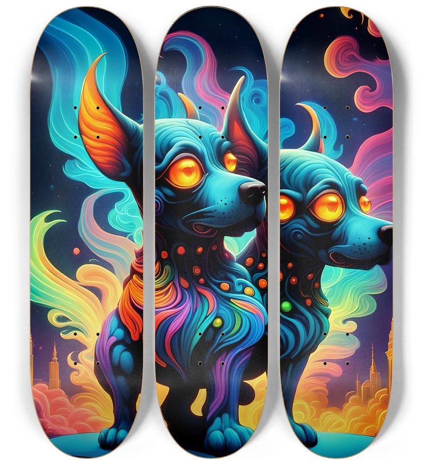 Psychedelic Airbrush Dogs See Squirrel 0001 3 Deck Wall Series
