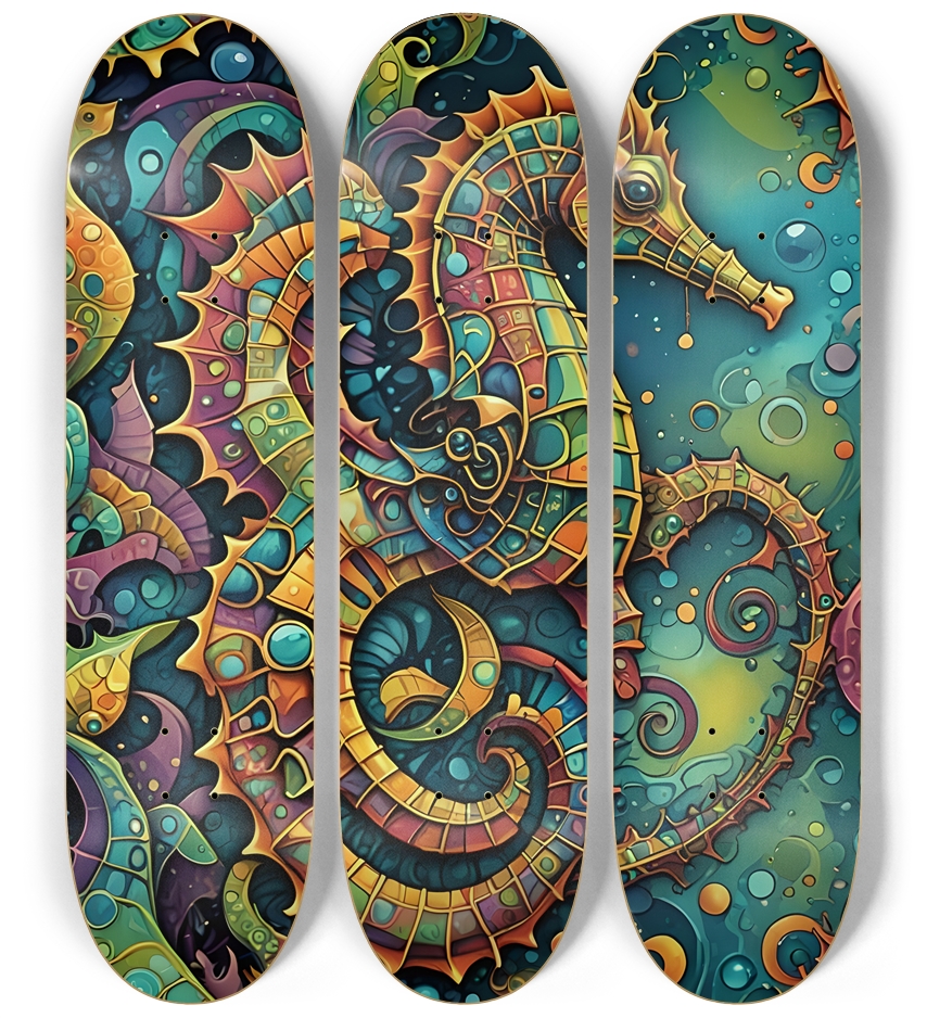 Psychedelic Airbrush Fractal Seahorses 0002 3 Deck Wall Series