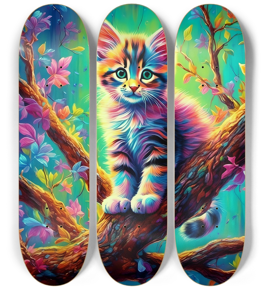 Psychedelic Airbrush Kitten in Tree 0001 3 Deck Wall Series