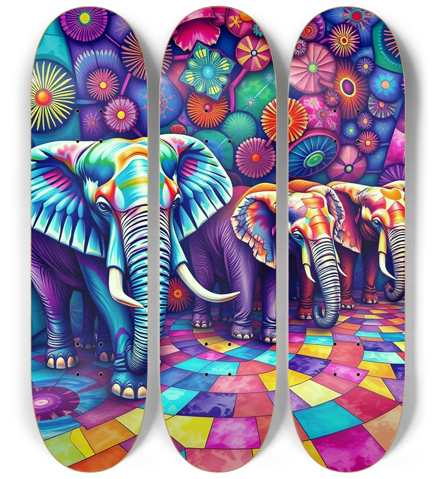 Psychedelic Airbrush Elephants 0001 3 Deck Wall Series