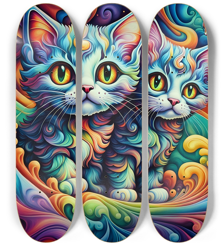 Psychedelic Airbrush Kittens on Fractal Wave  0001 3 Deck Wall Series