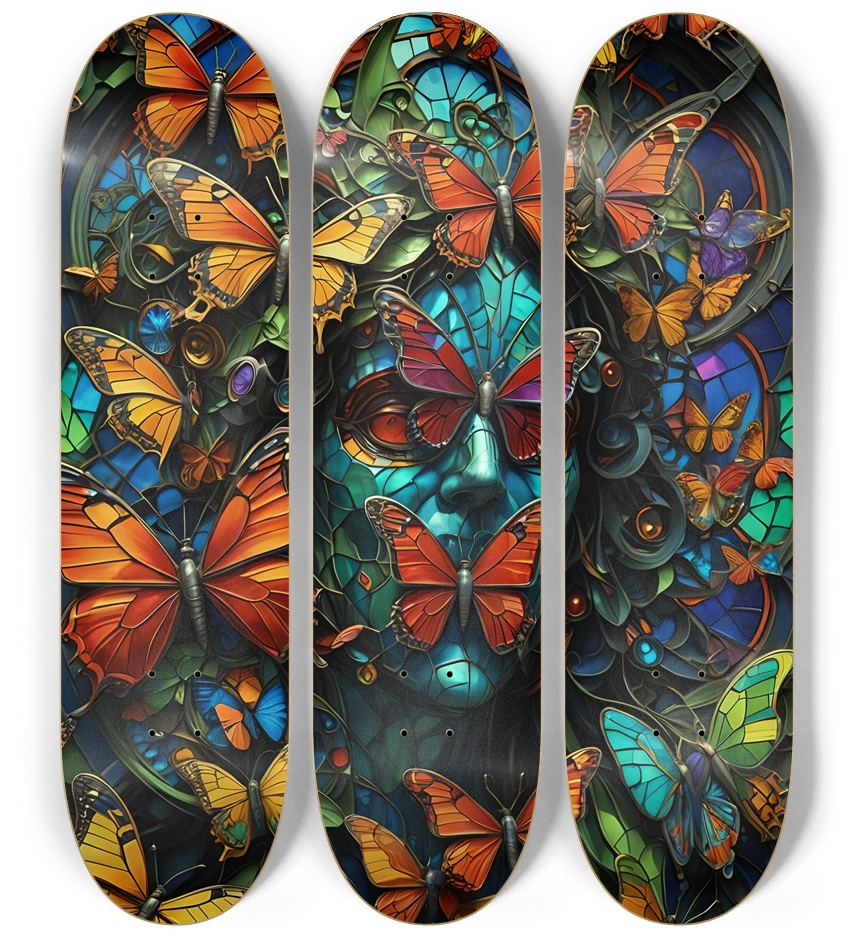 Neon Psychedelic Stained-Glass Creature +  Butterflies 001 3 Deck Wall Series