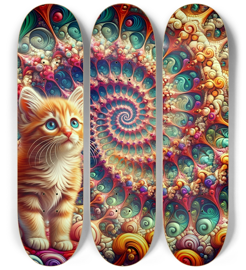 Psychedelic Airbrush Stained-Glass Mandelbrot Fractal Kitten 0001 3 Deck Wall Series