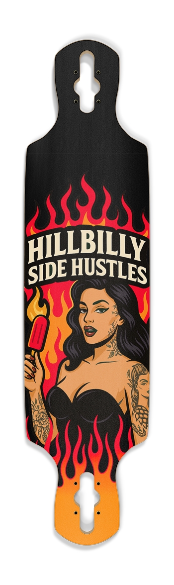 HILLBILLY SIDE HUSTLES - BLACK AND FLAME POPSICLE GRAPHIC - DOWNHILL SKATEBOARD Drop Through Longboard