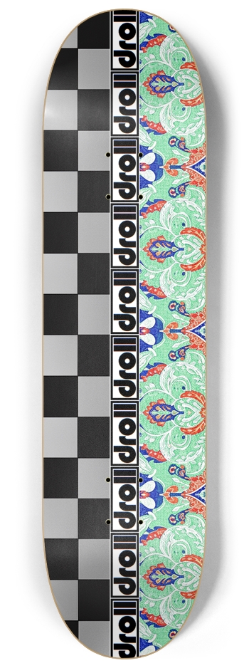 mint green scarlet royal blue paisley/silver and black checker droll strip