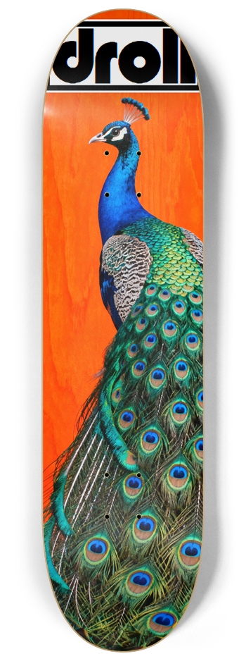 peacock on orange woodgrain