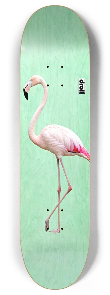 flamingo on mint green woodgrain