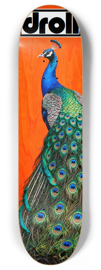 peacock on orange woodgrain 8 Inch Skateboard Deck