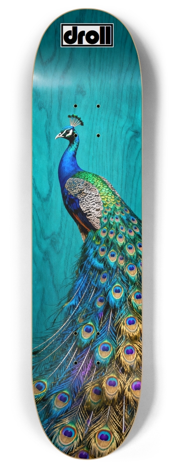 peacock on teal woodgrain 8 Inch Skateboard Deck
