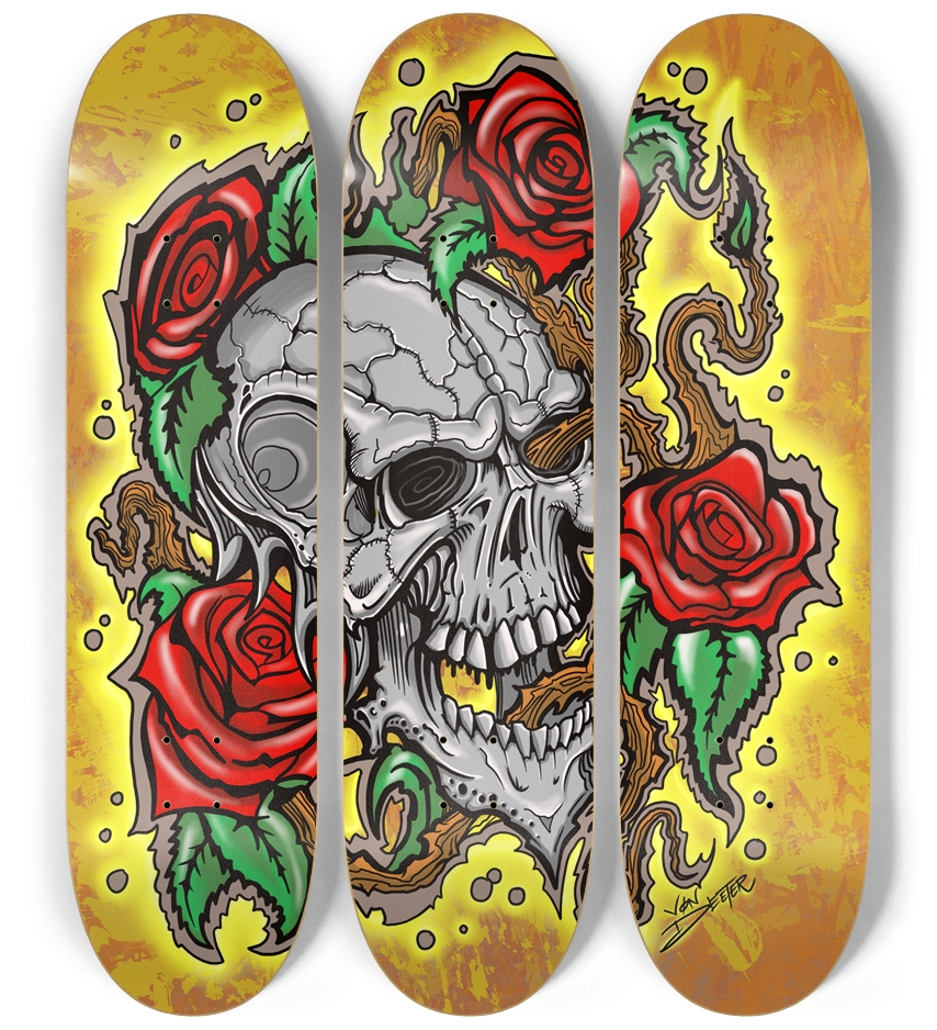 Von Deeter Skull and Roses 3 Part Art 3 Deck Wall Series