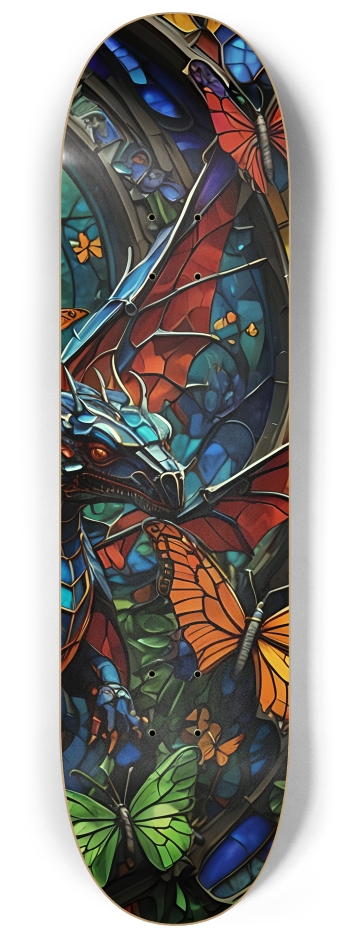 Neon Psychedelic Stained-Glass Dragon + Butterflies 001 #3 8-1/4 Skateboard Deck