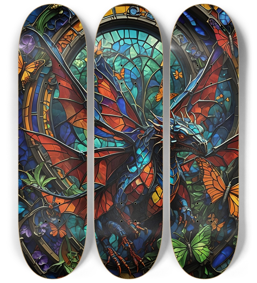 Neon Psychedelic Stained-Glass Dragon + Butterflies 001