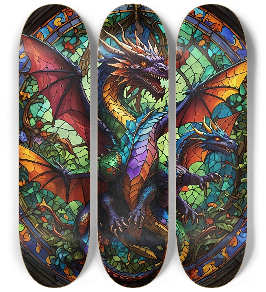 Neon Psychedelic Stained-Glass Dragons 001 3 Deck Wall Series