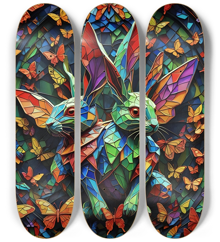 Neon Psychedelic Stained-Glass Bunnies + Butterflies 001 3 Deck Wall Series