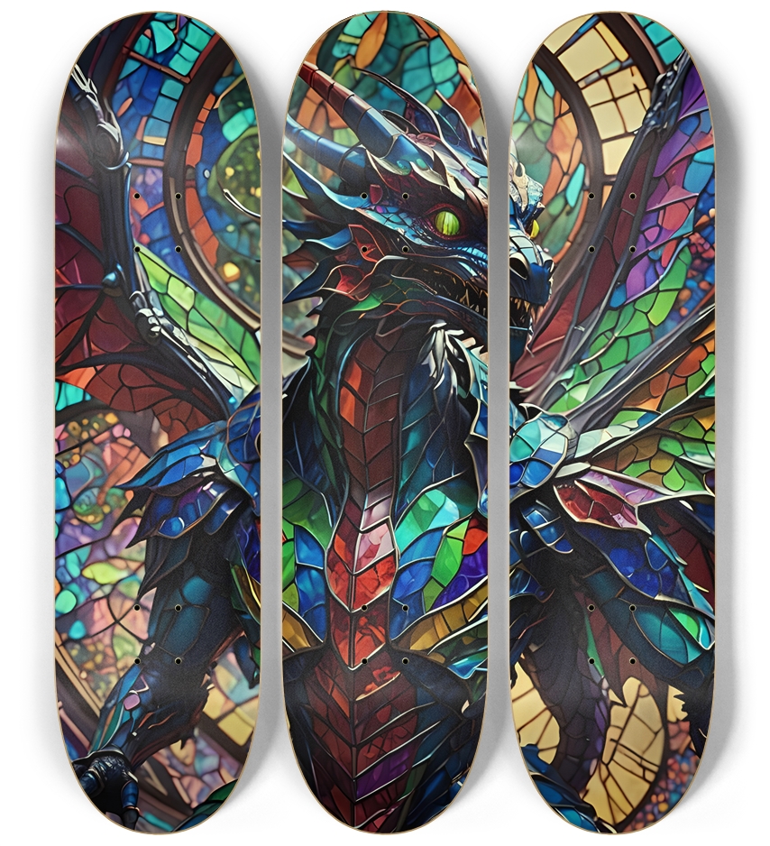 Neon Psychedelic Stained-Glass Dragons 002 3 Deck Wall Series