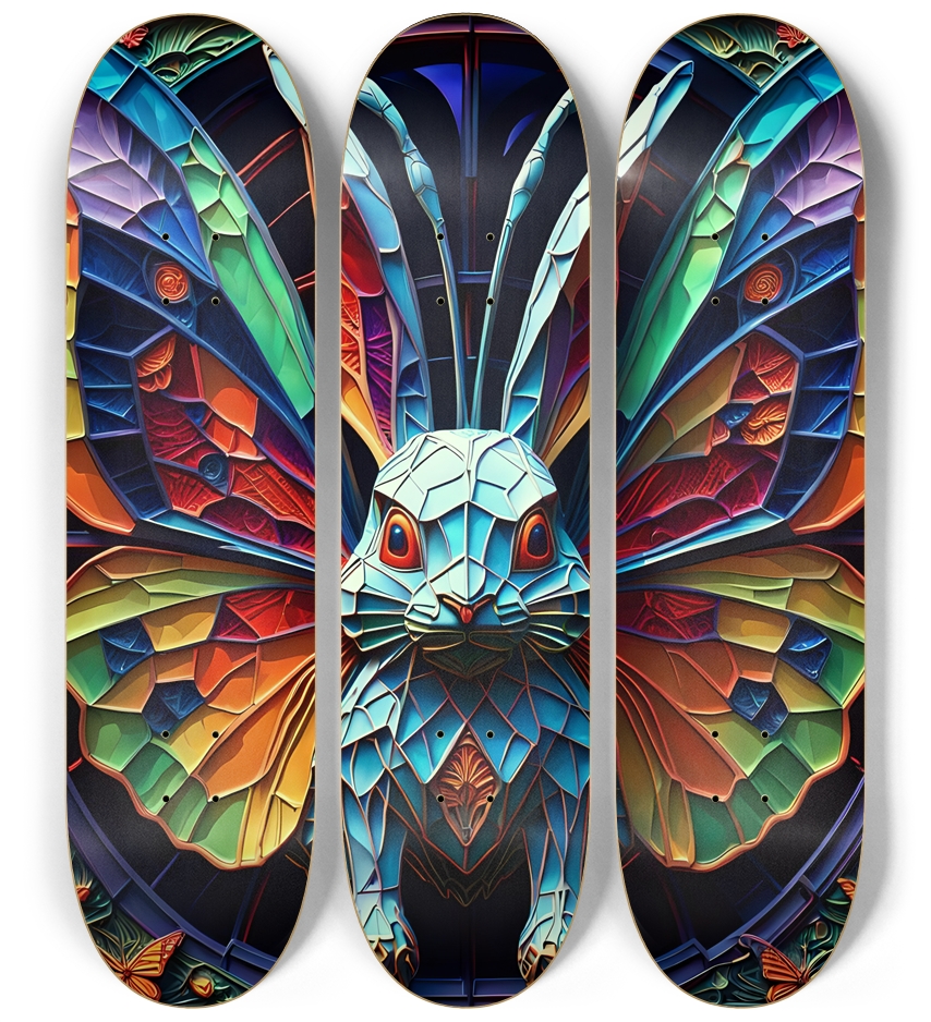 Neon Psychedelic Stained-Glass Bunny + Butterflies 002