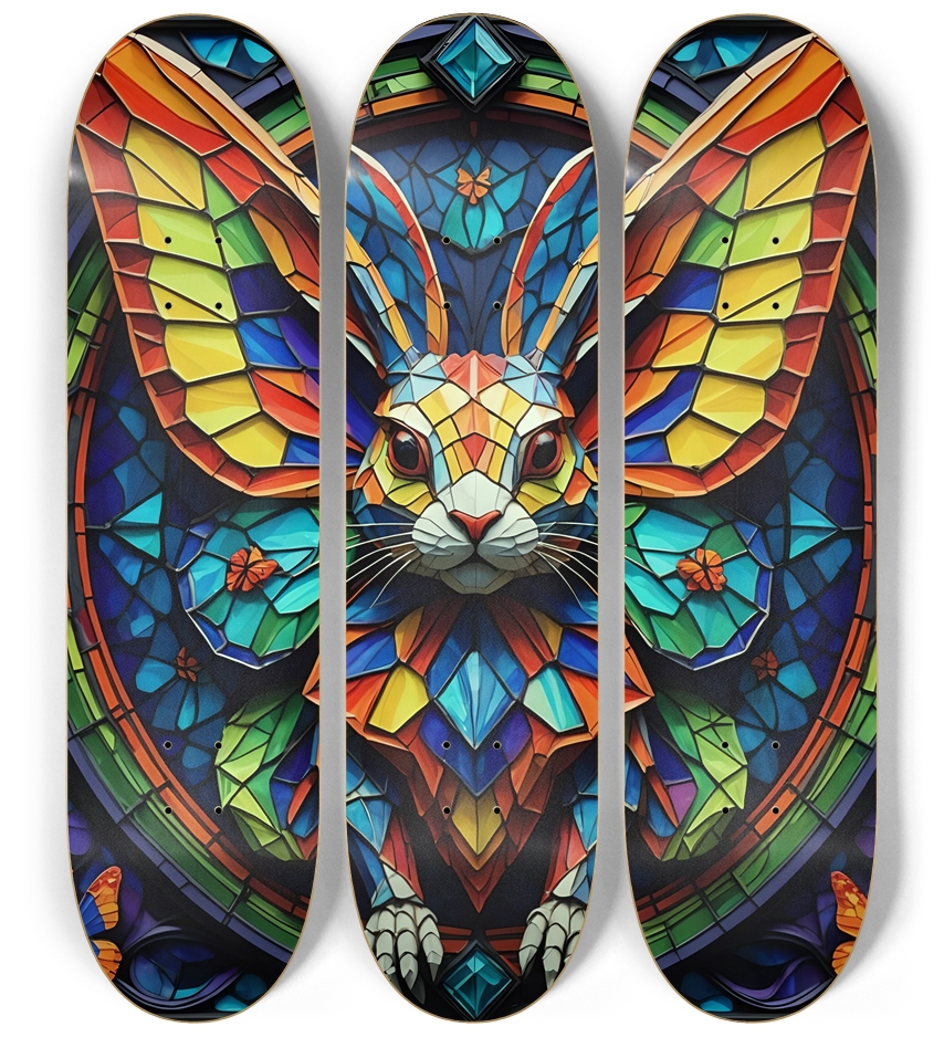 Neon Psychedelic Stained-Glass Bunny + Butterflies 001