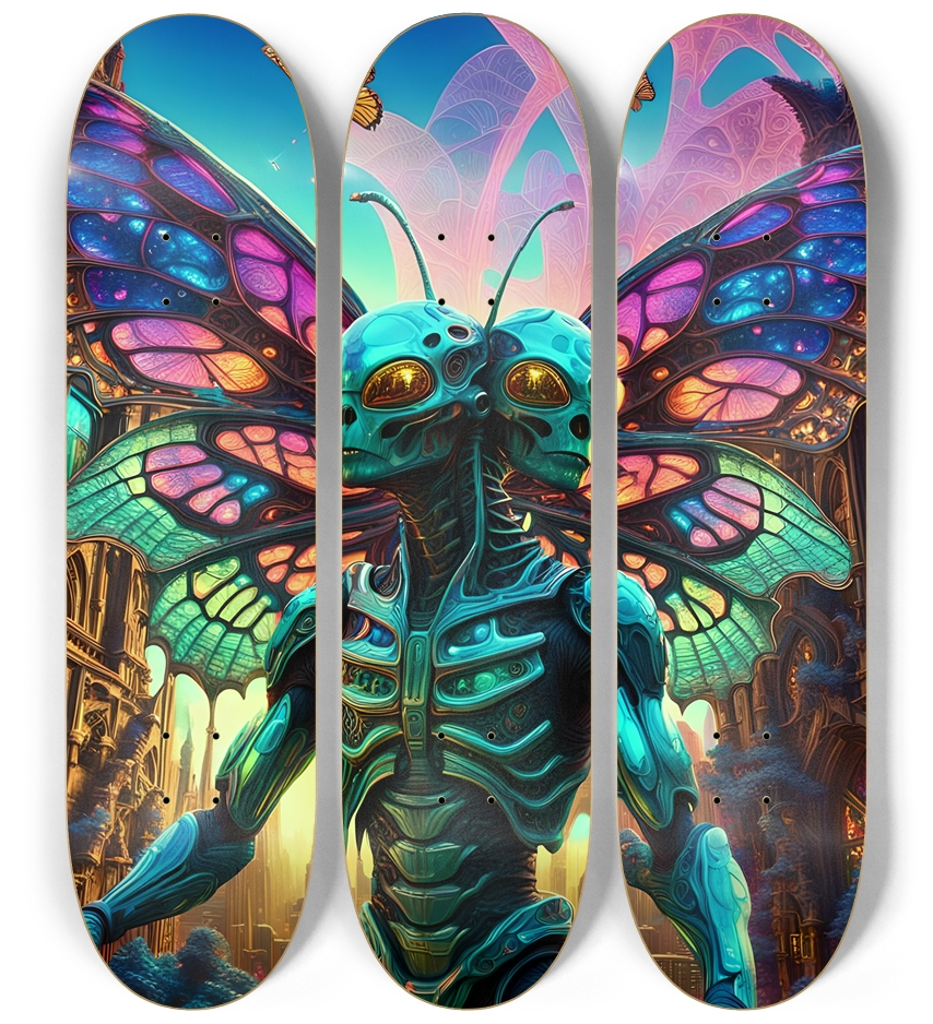 Neon Psychedelic Stained-Glass Creature with Butterfly Wings 008 3 Deck Wall Series