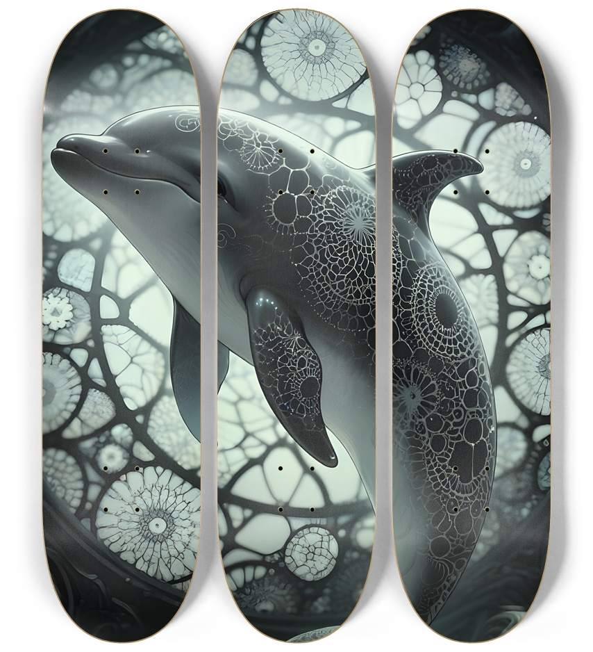 B&W Stained-Glass Fractal Dolphin #2 3 Deck Wall Series