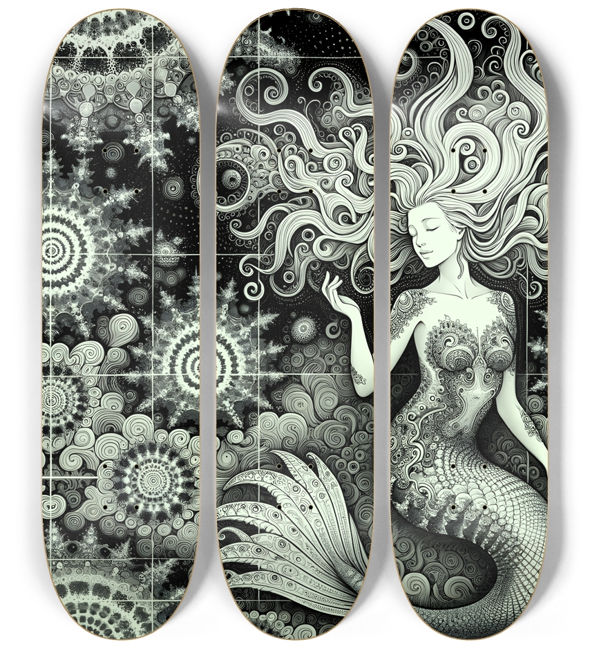 B&W Fractal Mermaid #21 3 Deck Wall Series