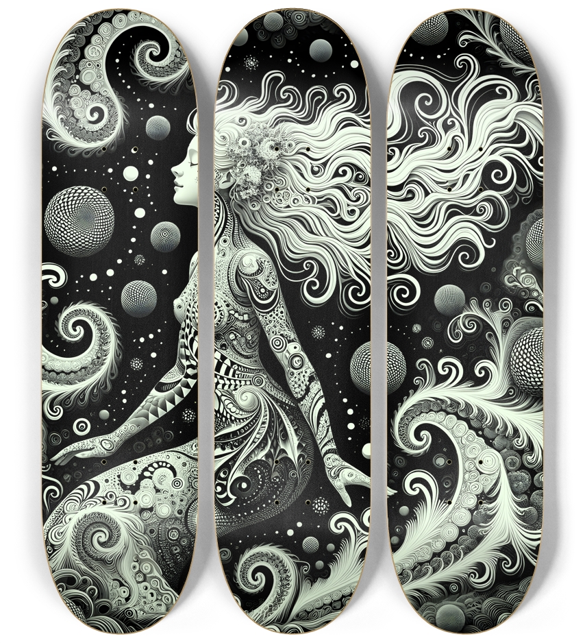 B&W Fractal Mermaid #12 3 Deck Wall Series
