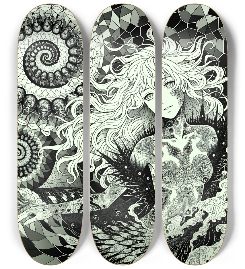 B&W Fractal Mermaid #28 3 Deck Wall Series