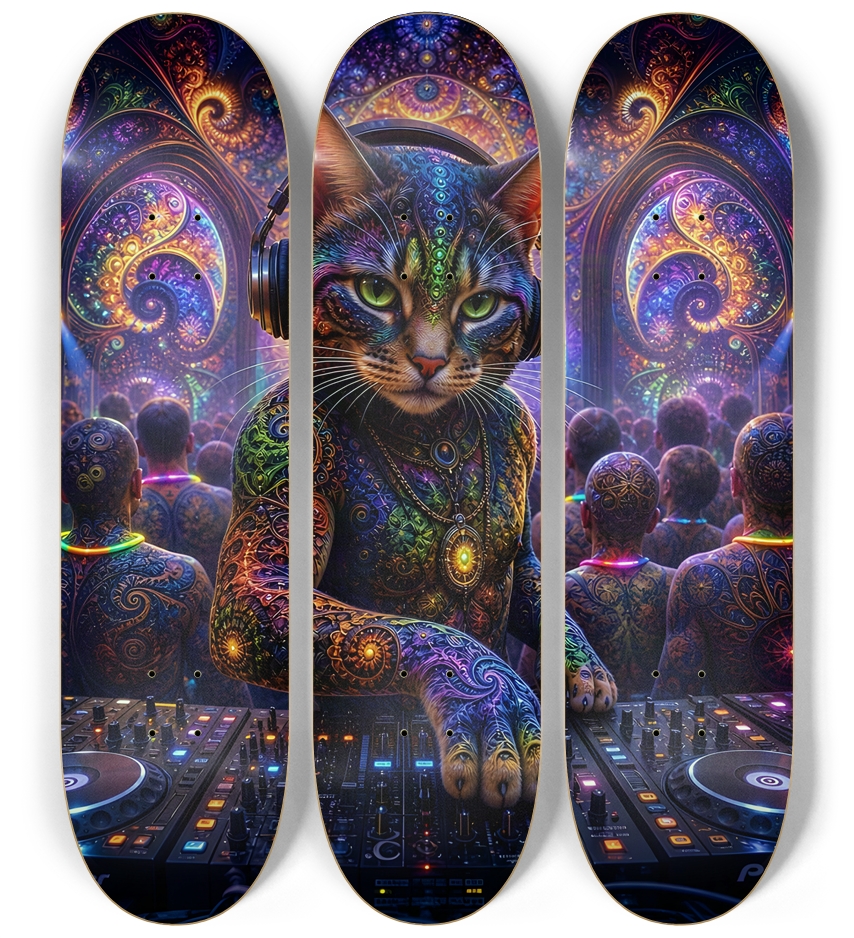 Psychedelic Fractal DJ House Cat #19 3 Deck Wall Series