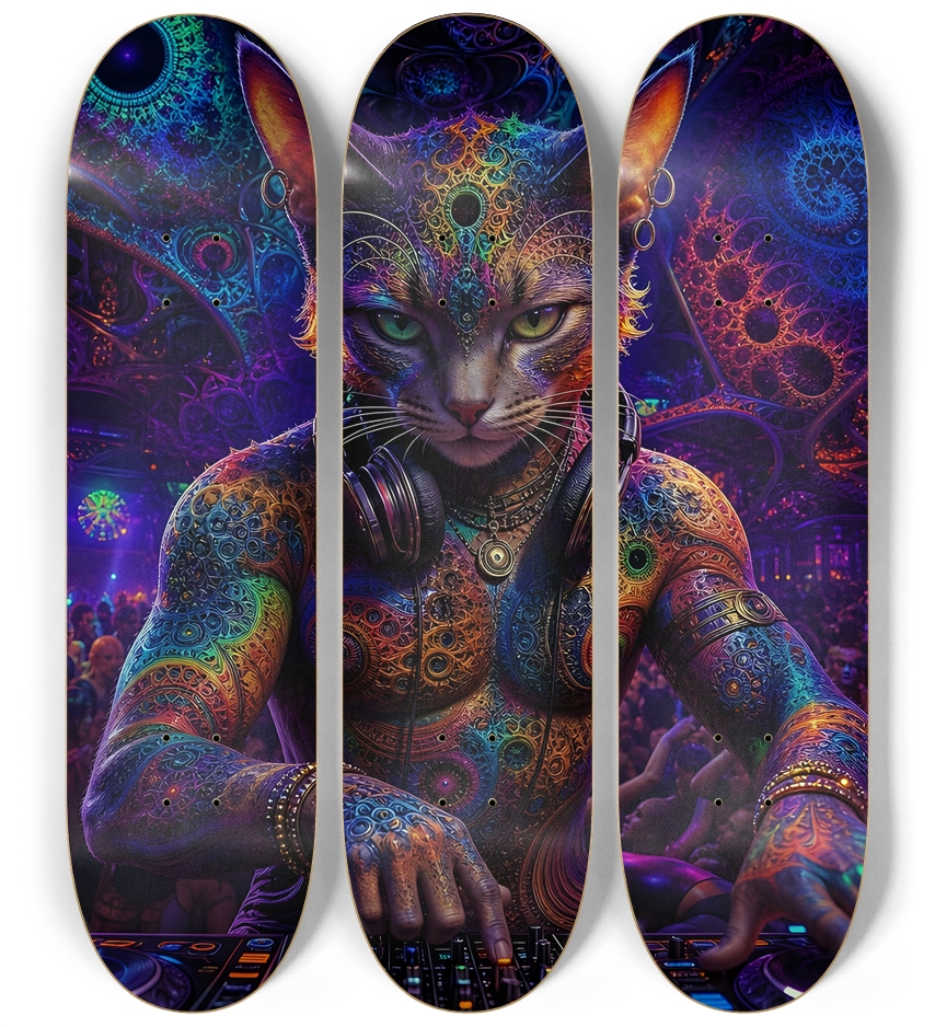 Psychedelic Fractal DJ House Cat #9 3 Deck Wall Series