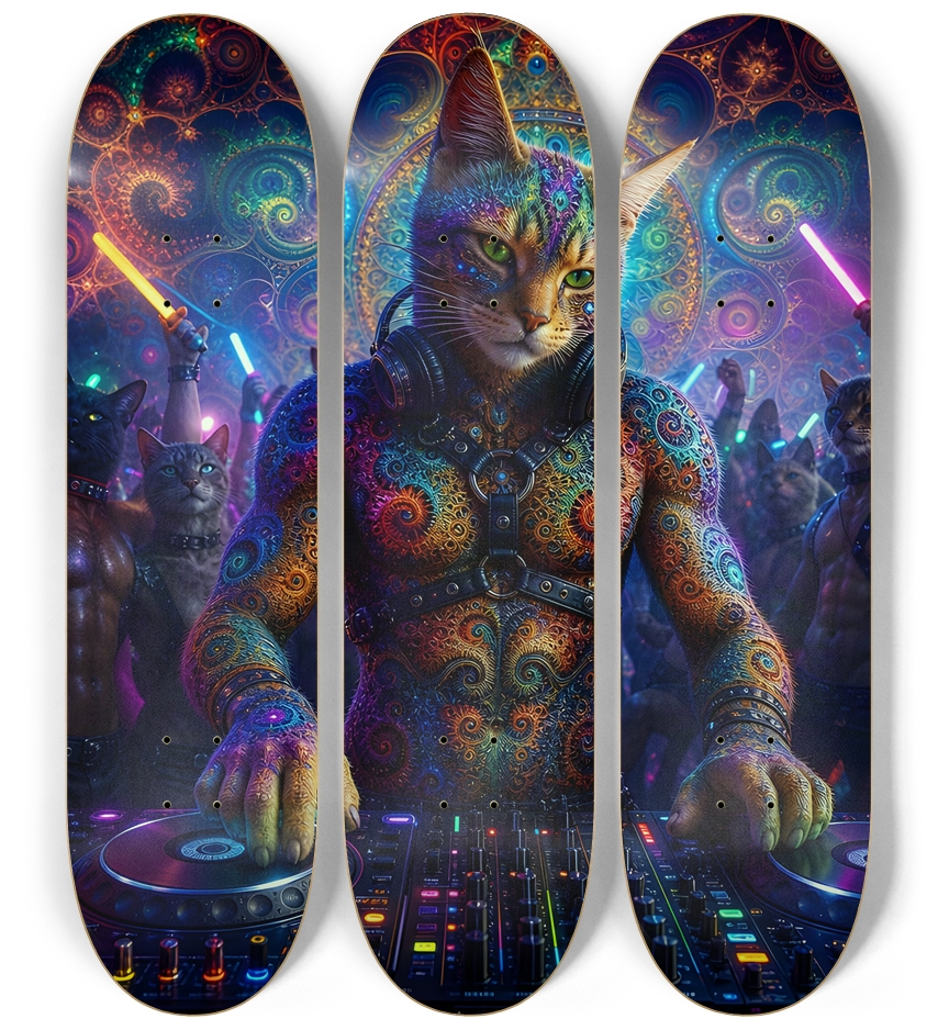 Psychedelic Fractal DJ House Cat #18 3 Deck Wall Series