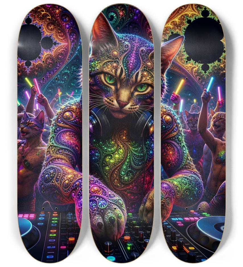 Psychedelic Fractal DJ House Cat #3 3 Deck Wall Series