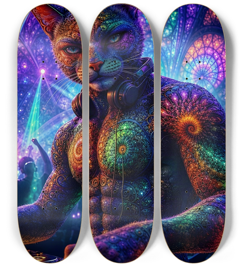 Psychedelic Fractal DJ House Cat #22 3 Deck Wall Series