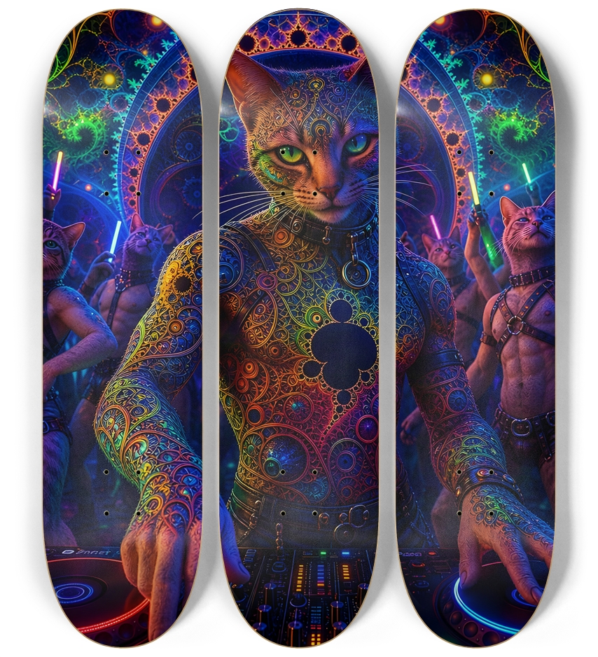 Psychedelic Fractal DJ House Cat #10 3 Deck Wall Series