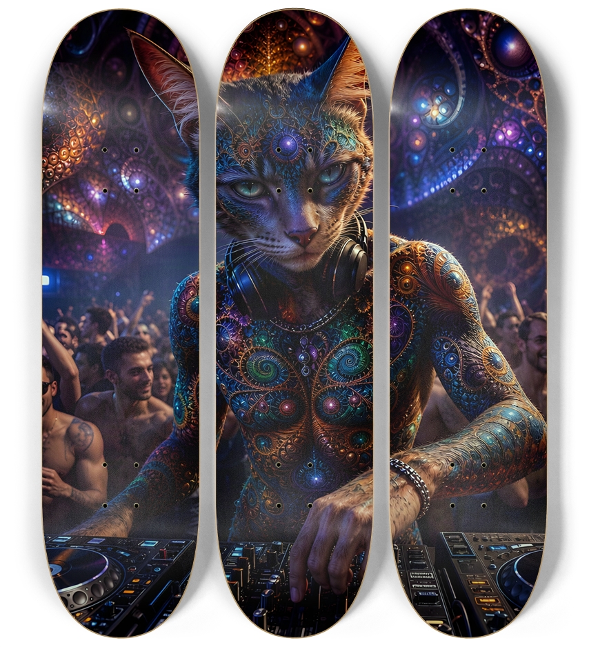 Psychedelic Fractal DJ House Cat #1 3 Deck Wall Series